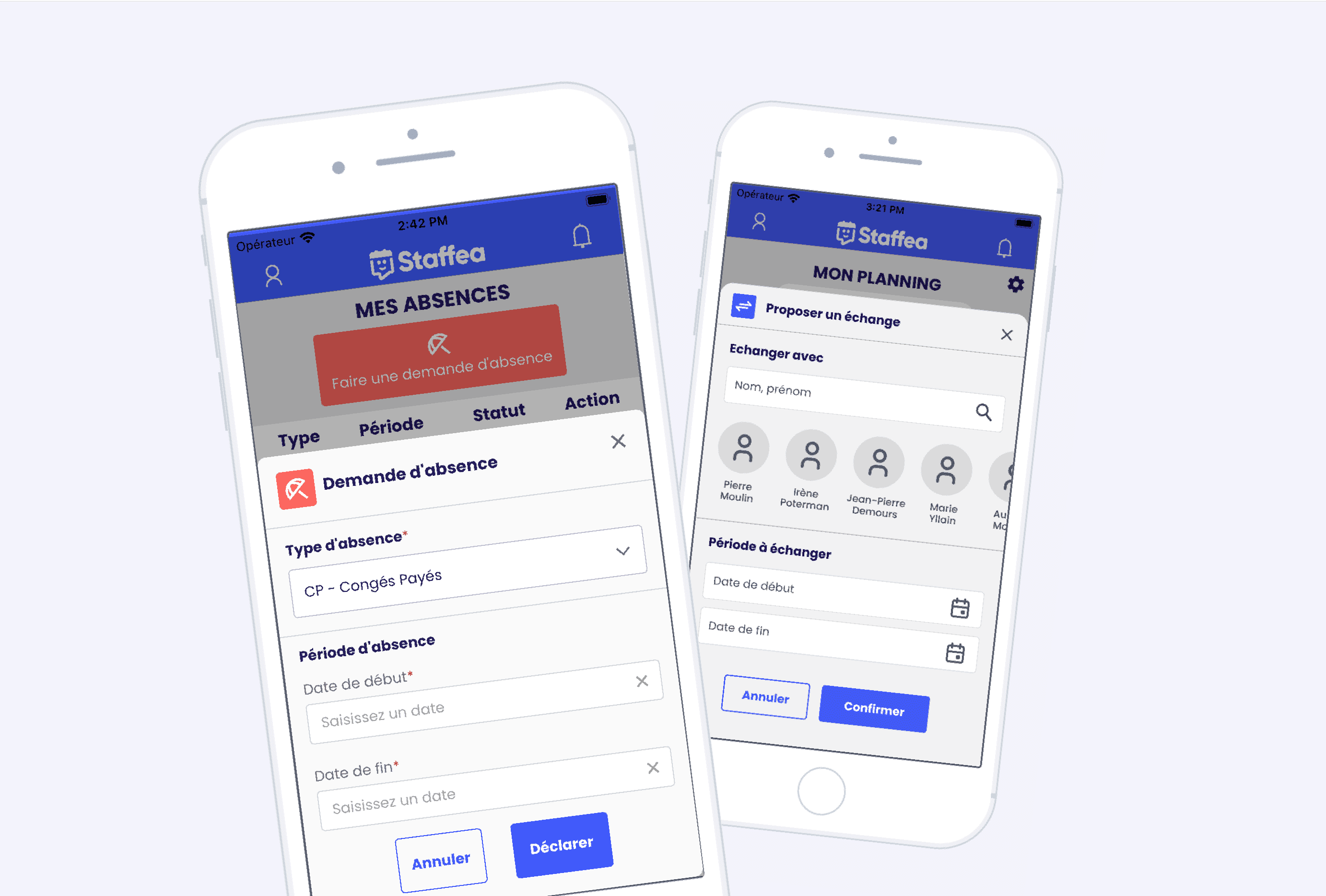 Staffea, application mobile écrans de demande de congés et échange entre employés