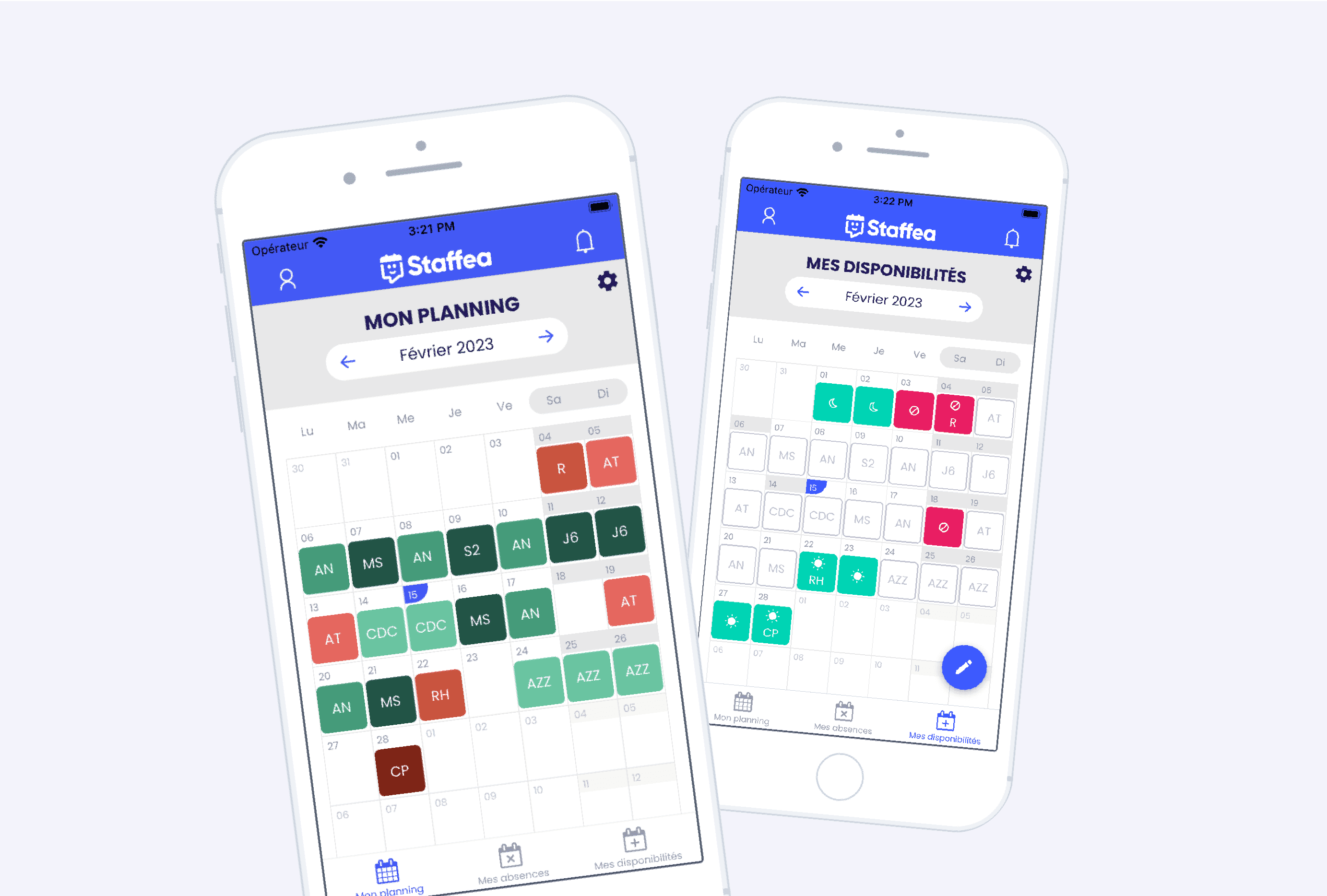 Staffea, application mobile écrans de gestion des planning et disponibilités