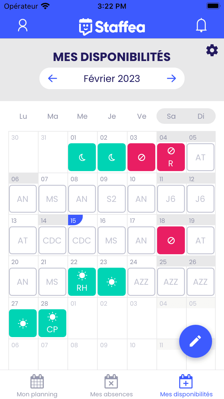Staffea, application mobile affichage des disponibilités