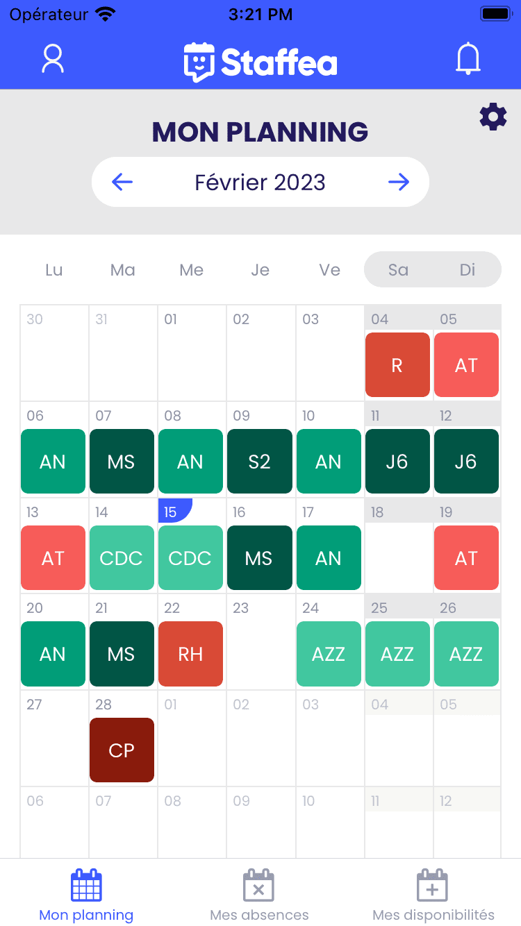 Staffea, application mobile écran de consultation du planning individuel